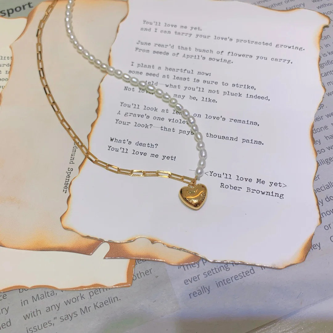 ?? 18 18kソリッドイエローゴールドジュエリー (AU750) 女性のレースのネックレスチョーカーチェーン天然淡水真珠のハートネックレスファッション女性