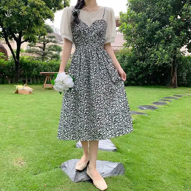 

Plus size dress O-Neck puff sleeve patchwork summer dresses 2021 new Color matching floral elegant casual women's dresses