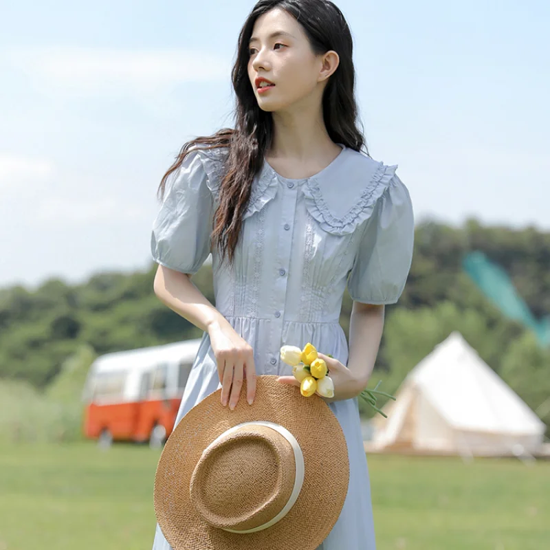 

Long A-line Skirt Female Summer New French First Love Sweet Doll Collar Puff Sleeve White Blue Dress High Waist Longuette