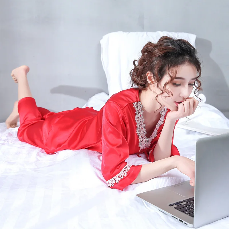 2021 New Women's Pajamas Lace Thin Home Clothes Ice Snow Silk Sexy Sleepwear 2Pcs Set Medium Sleeve Casual Nightwear Nightgown