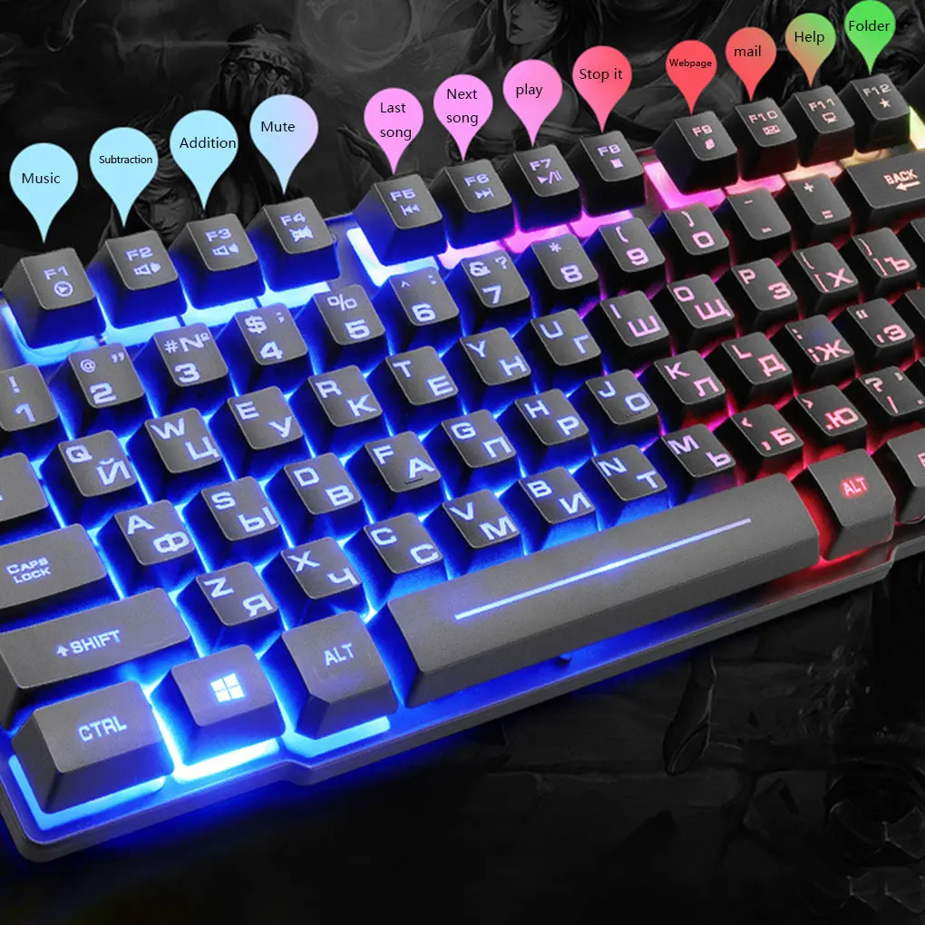 

T5 Rainbow Backlight Russian Version USB keyboard+Mouse Set Ergonomic English Russian Gaming Keyboard 1800 DPI For PC Laptop