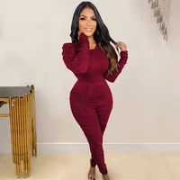 solid 2 piece set women 2021 casual full pleated sleeve o neck topskinny stacked pants suits fitness activewear elastic outfits