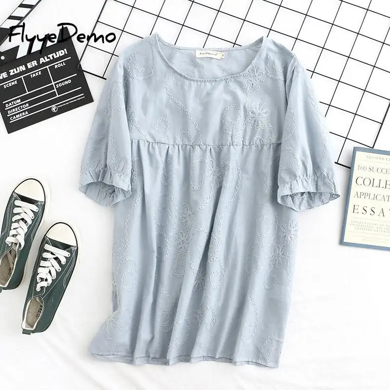 

Floral Embroidery Blouse Women French O Neck Ruffles Sleeve Blusa Shirts Summer 2021 Elegant Short Sleeve Female Tops Plus Size