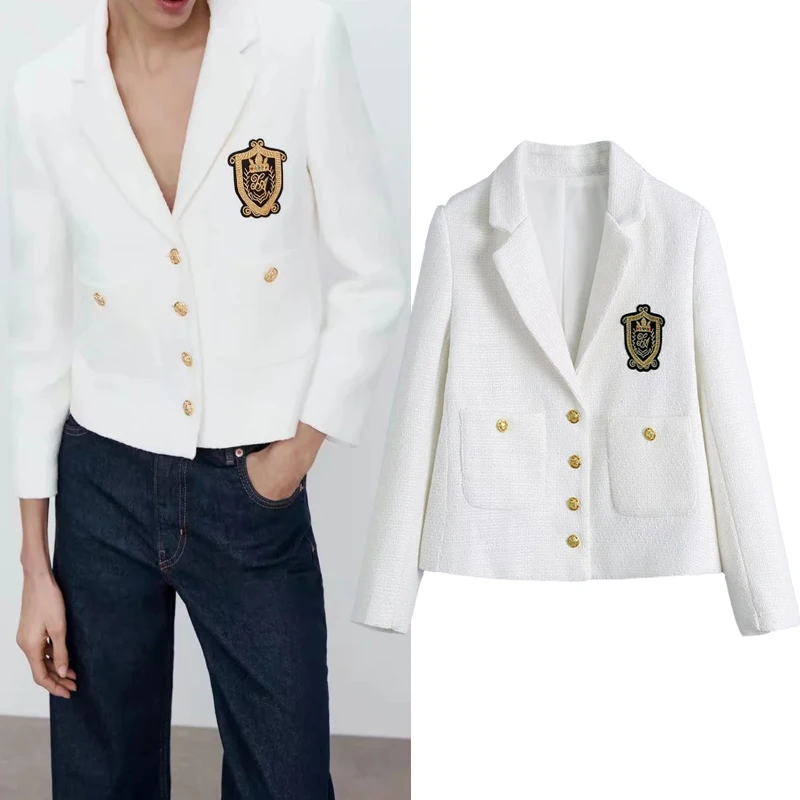 

Женский твидовый пиджак Za, текстурированный укороченный пиджак, с карманами и вышивкой, белый, 2021