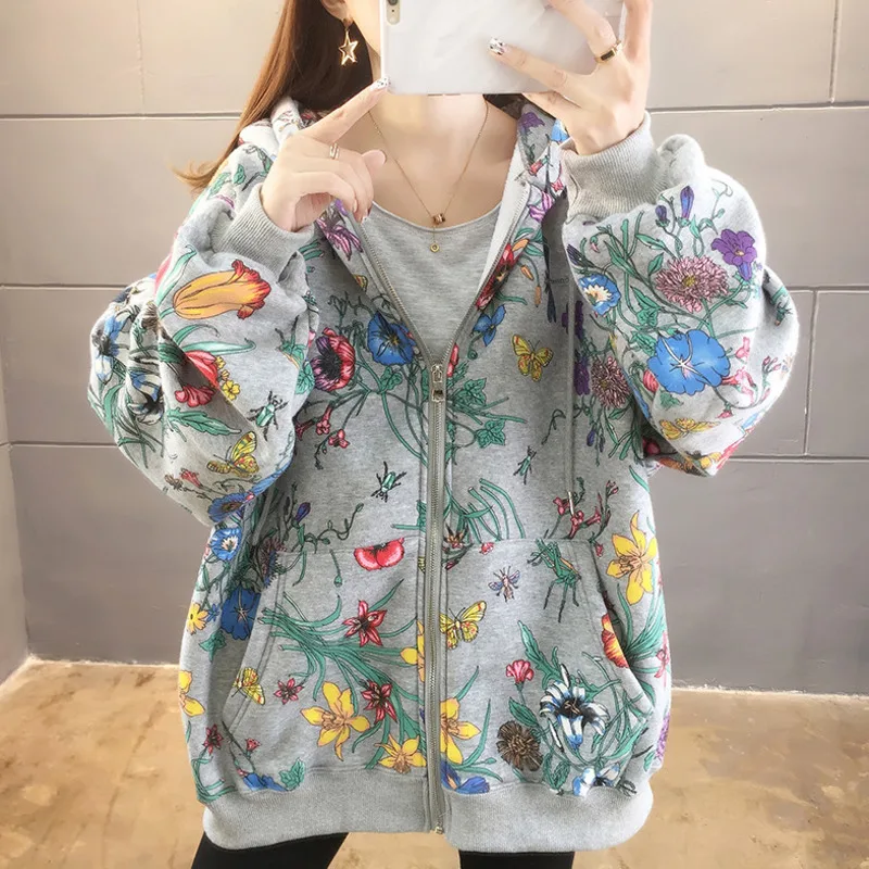 

2021 Spring Autumn Floral Jacket Women Plush Thickened Long Sleeve Hooded Loose Coat Oversize Zipper Jackets Sweatshirt