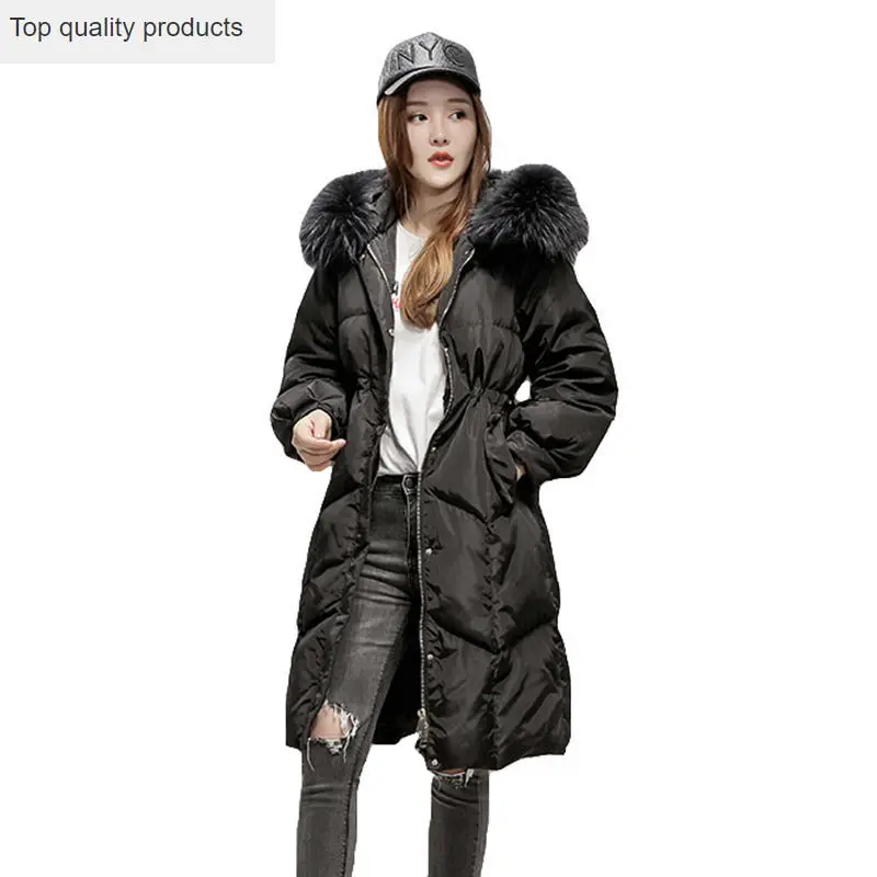 

2020 New Women Winter Duck Down Jacket Long Loose Fur Hooded Coat Black White Warm Outer Korean Casual Outwear Cacaso AC255