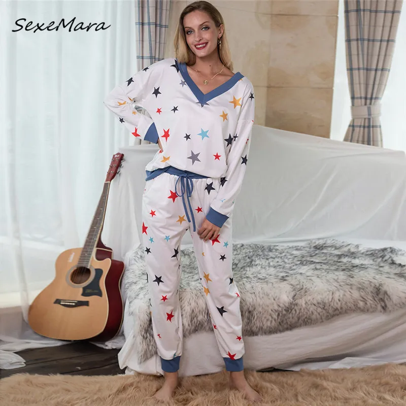

Plus Size Women Print Pajamas Autumn 2020 V-neck Lantern Sleeves Loose Home Clothes