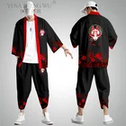 Кимоно для мужчин с принтом Black Fox, Модный комплект из пальто и брюк в японском стиле, хаори Оби, азиатская одежда, размера плюс XS-6XL