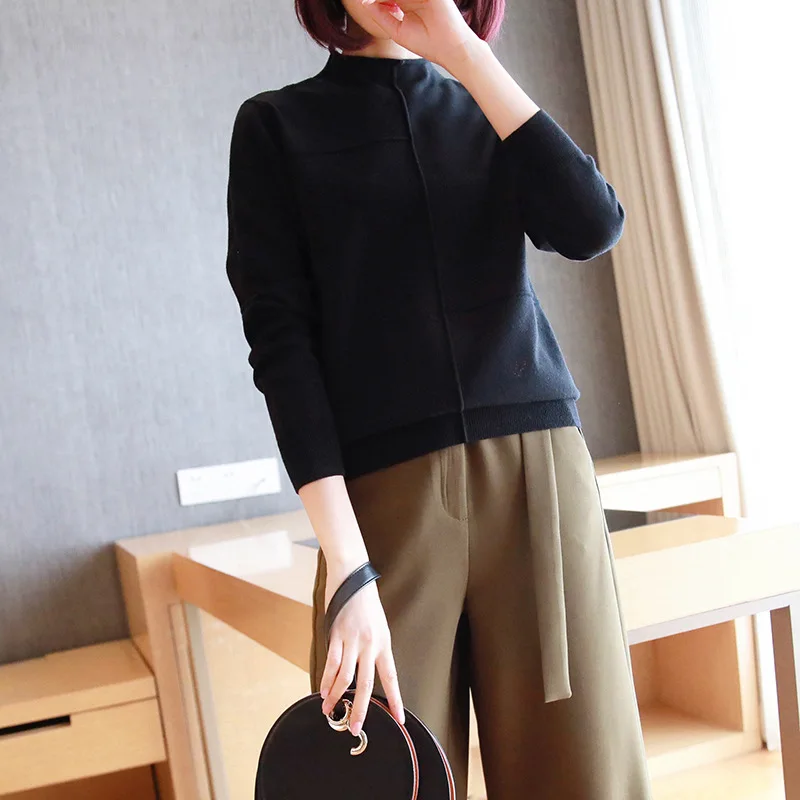 

2019 autumn and winter female loose pullover short paragraph autumn and winter long-sleeved knit shirt and a half high