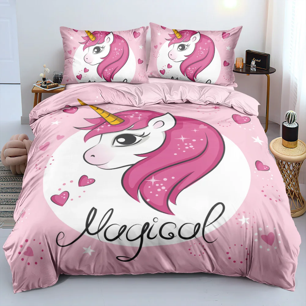

3D Cute Pink Cartoon Unicorn Linens Bed Durable Quilt/Blanket Cover Set Twin Double King Size Bed Linen For Kid Child Adult