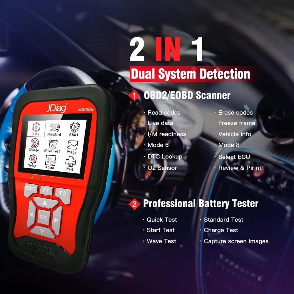 Профессиональный тестер батарей JDiag JD908B диагностический инструмент OBD2 + для