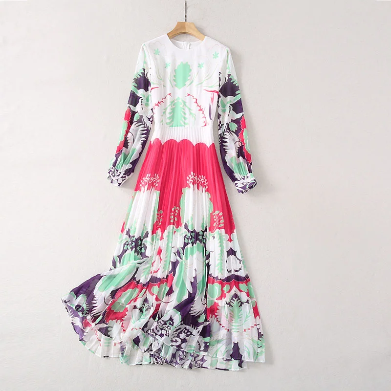 

High QUALITY Newest 2021 Runway Designer Dresses Women's Summer Fashion Lantern Long Sleeve Colorful Painting Maxi Long Dress