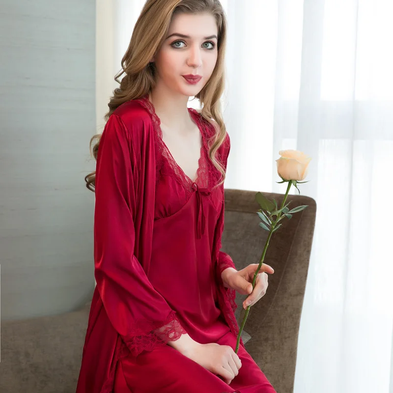 2019 ice silk strap nightdress robe sexy lace pajamas ladies two-piece suit casual long-sleeved | Женская одежда