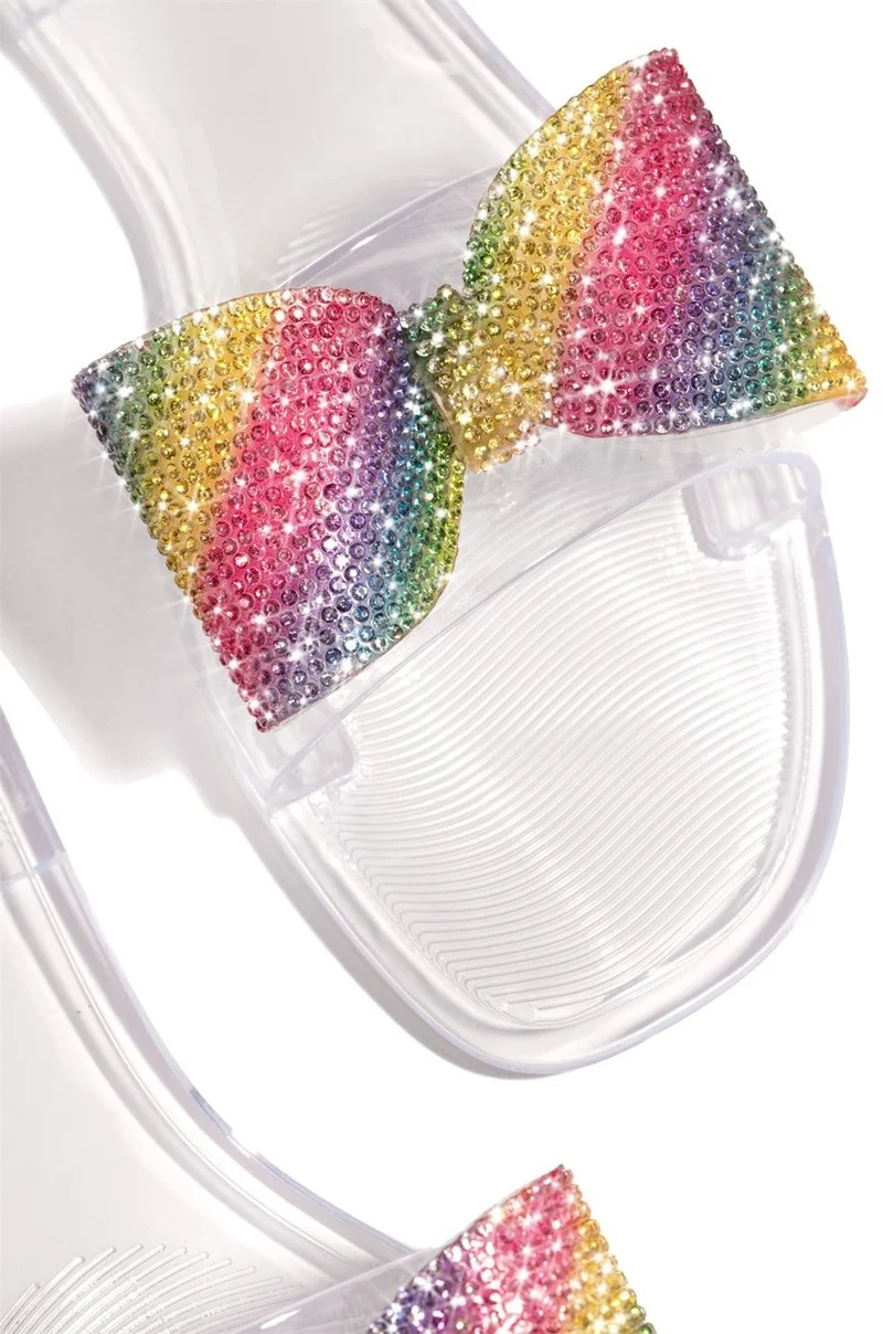 

2021 Bow Sandals Women Summer New Rhinestone Colorful Open Toe Casual Slippers Transparent Soft Bottom Slides Zapatos De Mujer