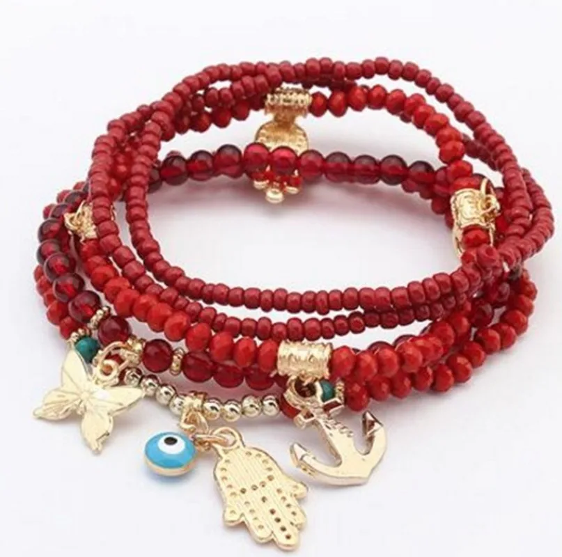 

Lucky Hand of Fatima Blue Evil Eye Charms Bracelets Bangles Turkish Multilayer Beads Women Bracelet