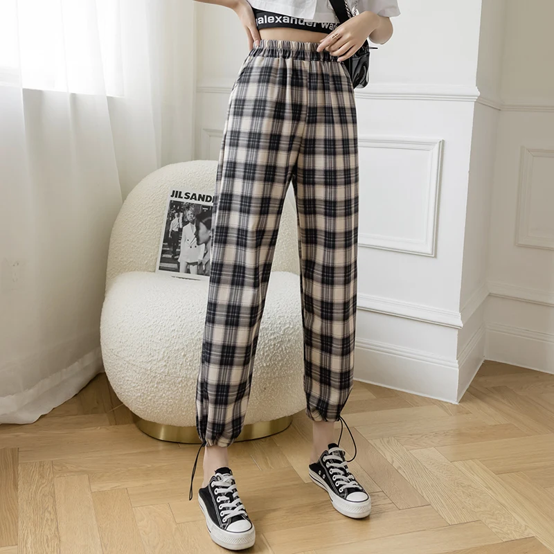 Брюки женские в клетку с завышенной талией спортивные Джоггеры стиле Харадзюку