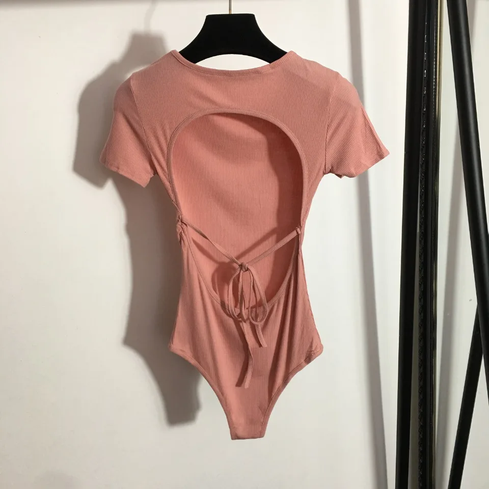 

2021 Summer New Arrival Women One Piece Solid Sexy Bodysuit Short Sleeve O Neck Hollow back Night Club FALL8097