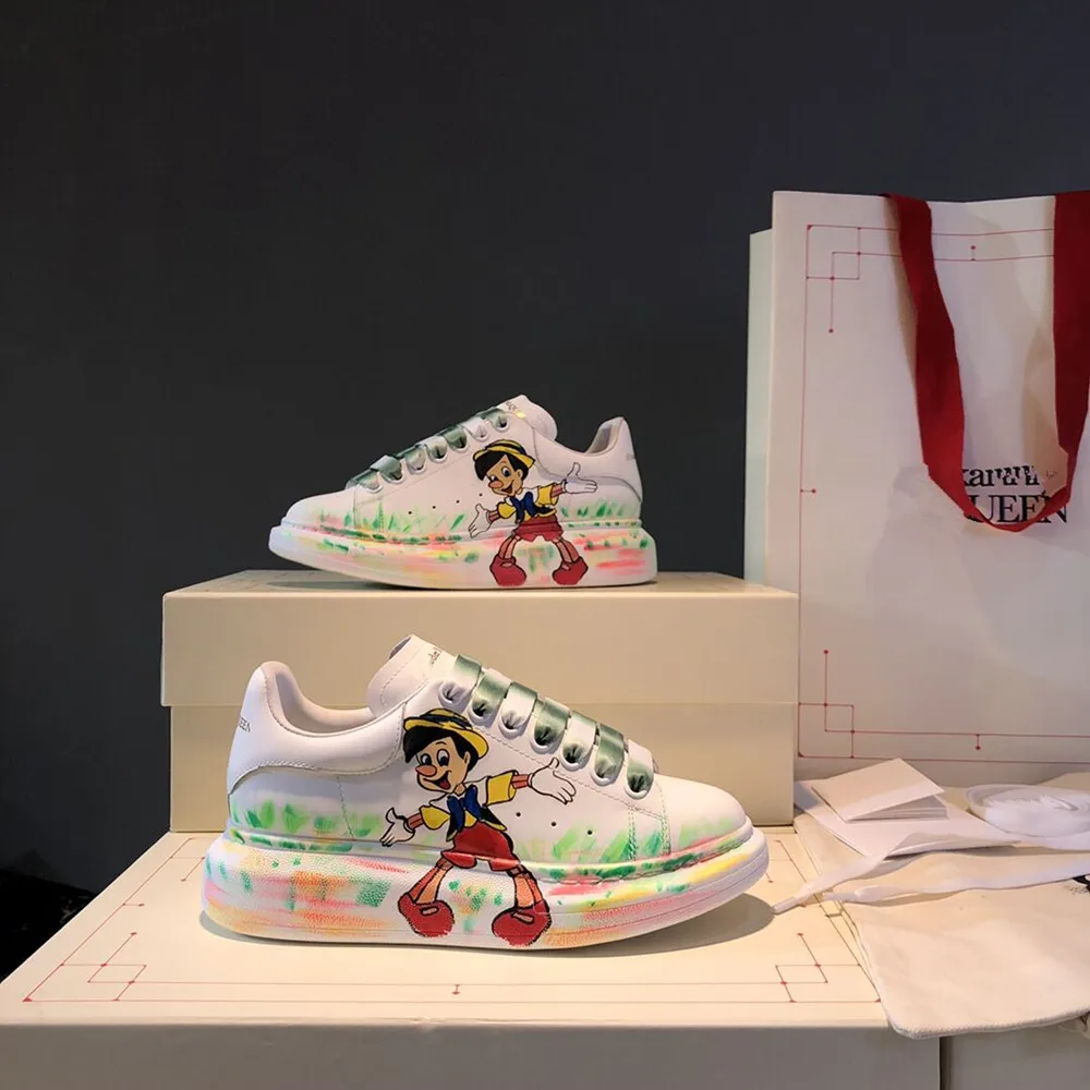 Cartoon Wedge Heel Leather Women's Shoes 2020 Spring Autumn New Fashion Round Head Lace Color Matching Brand Casual Sports Shoes