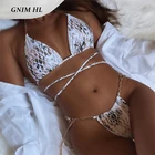 Сексуальный комплект бикини GNIM со змеиным принтом, лето 2021, бандажные стринги, купальник, женские стринги, купальник, Женский комплект из 2 предметов, купальный костюм с цепочкой