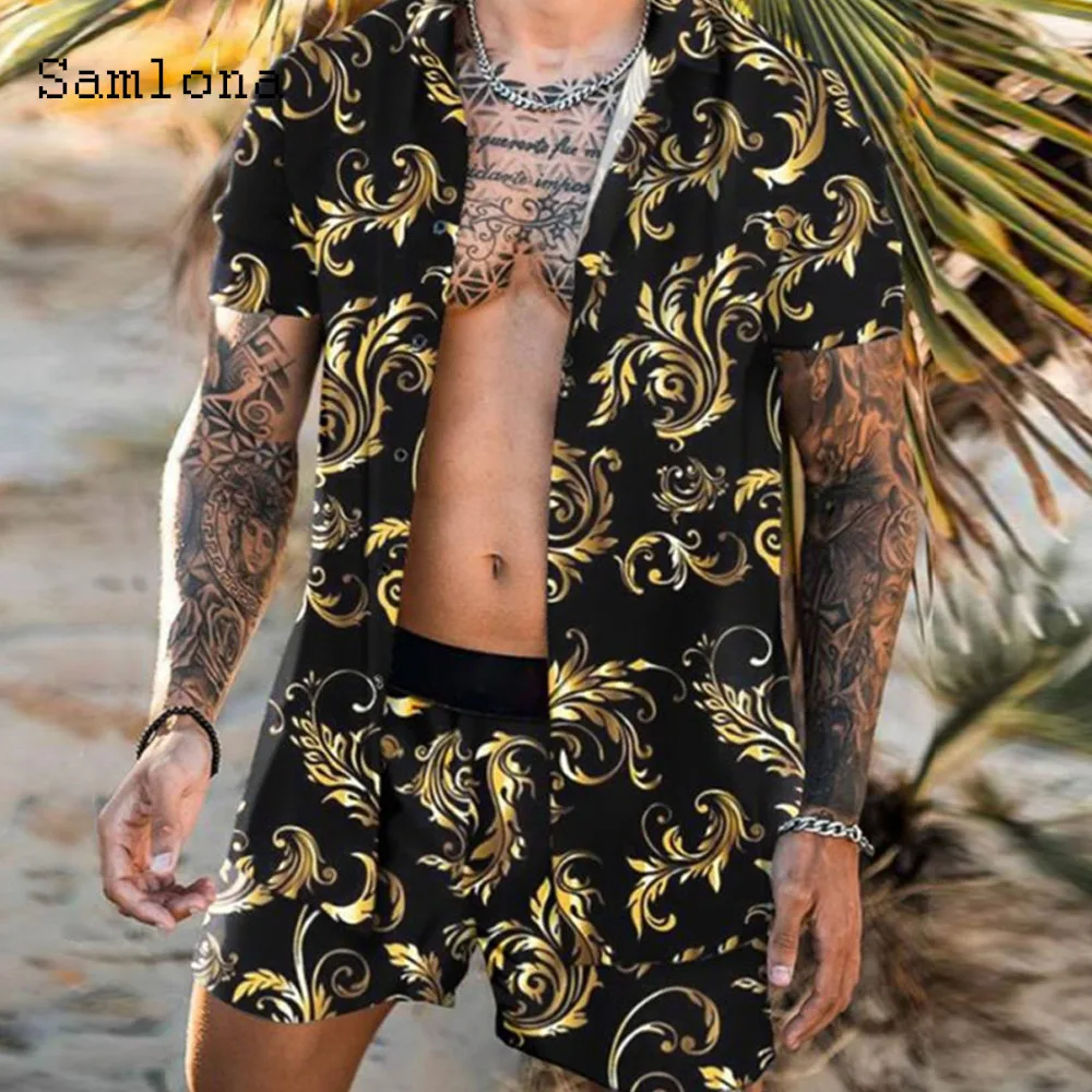 

Plus Size 3xl Men clothing ropa hombre sexy mens Shirts sets BOHO flower print two piece sets lightweight 2021 summer beachwear