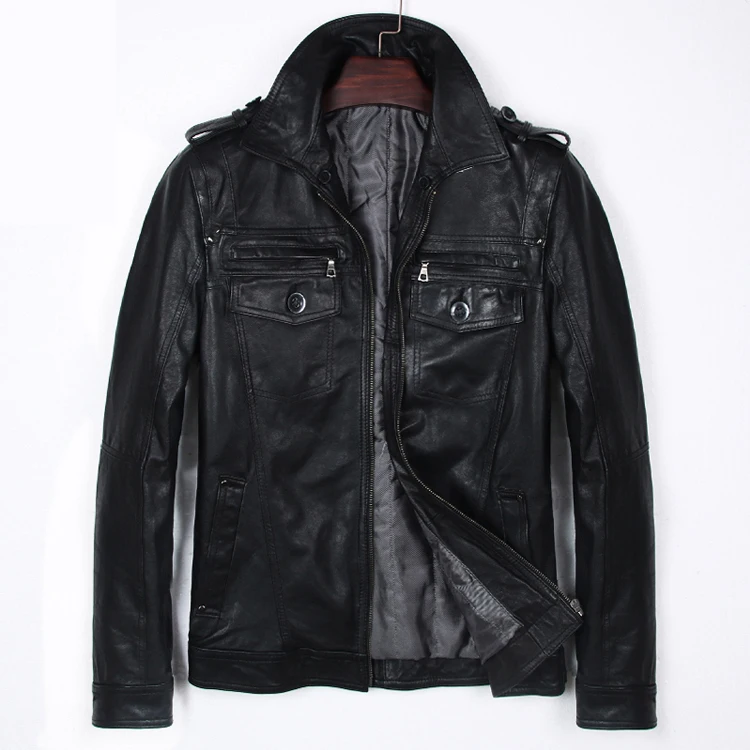 

Men Genuine New Leather Jacket Black Vegetable tannin Goatskin Slim fit Jackets Fashion Fur Collar Pocket Winter Coats