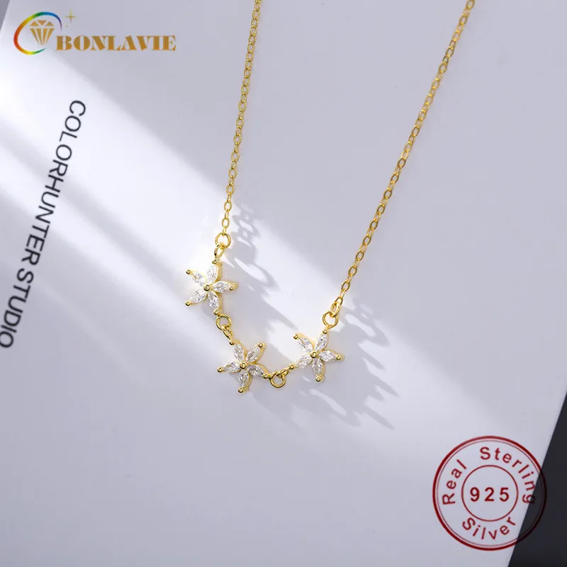 

BONLAVIE Flower Clavicle Chain 925 Sterling Silver Necklace Female Sweet Hipster Natural Silver Chain