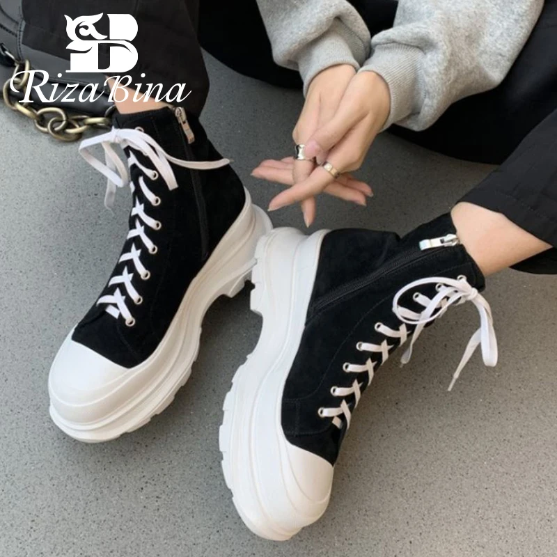 

RIZABINA Real Leather Women Ankle Boots Shoes Round Toe Thick Bottom Cross Strap Winter Casual Ladies Footwear Size 34-39