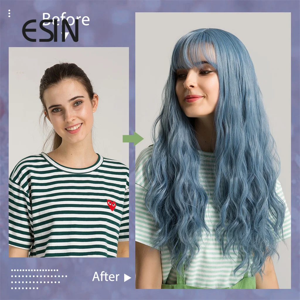 ESIN Зеленые Синие длинные натуральные волнистые парики с челкой для женщин