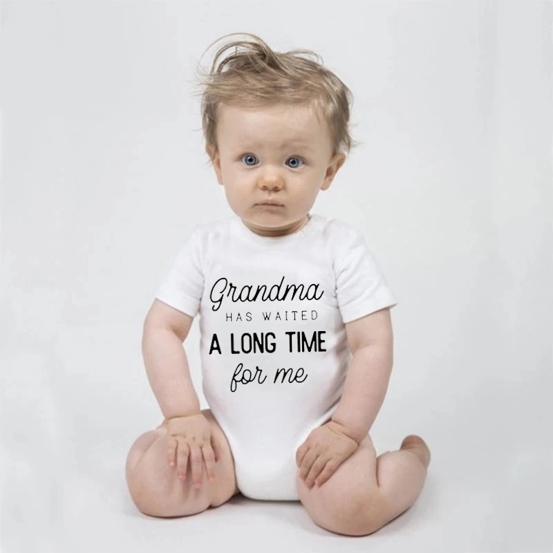

Funny Baby Boys Girls Bodysuit Grandma Has Waited a Long Time for Me Print Newborn Playsuits Clothes Kids Cute Bodysuits 0-24 M