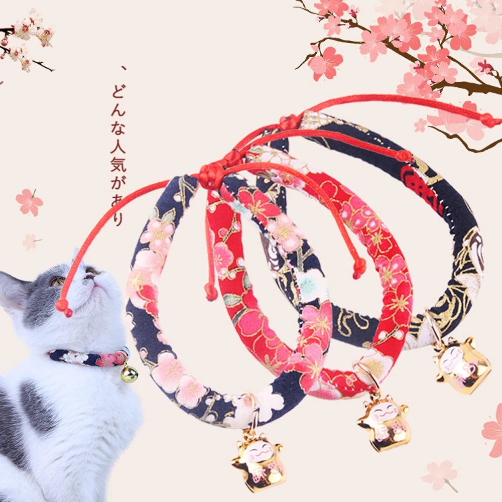 

Cat Collar With Bell Japanese Style Adjustable Kitten Collar Safety Breakaway Handmade Cat Accessories For Pet Kittens Necklace