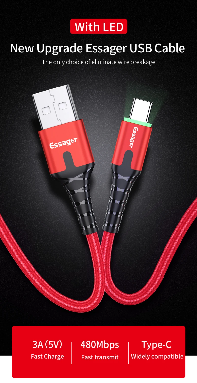 Essager светодиодный usb type C быстрый заряд кабеля провода шнур 3 м кабель usbc для Xiaomi K20 samsung Oneplus 7 Pro мобильный телефон USB-C провода