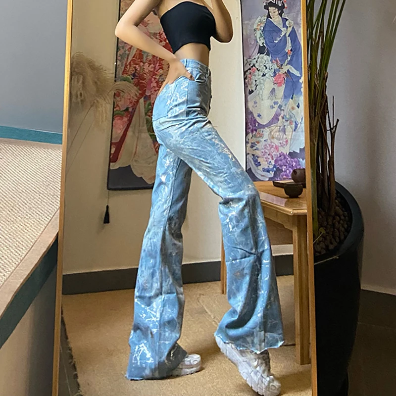 

SHENGPALAE Personality Waist Button Jeans Women's Spring 2021 New High Waist Printed Streetwear Micro Denim Pants Female 5C297