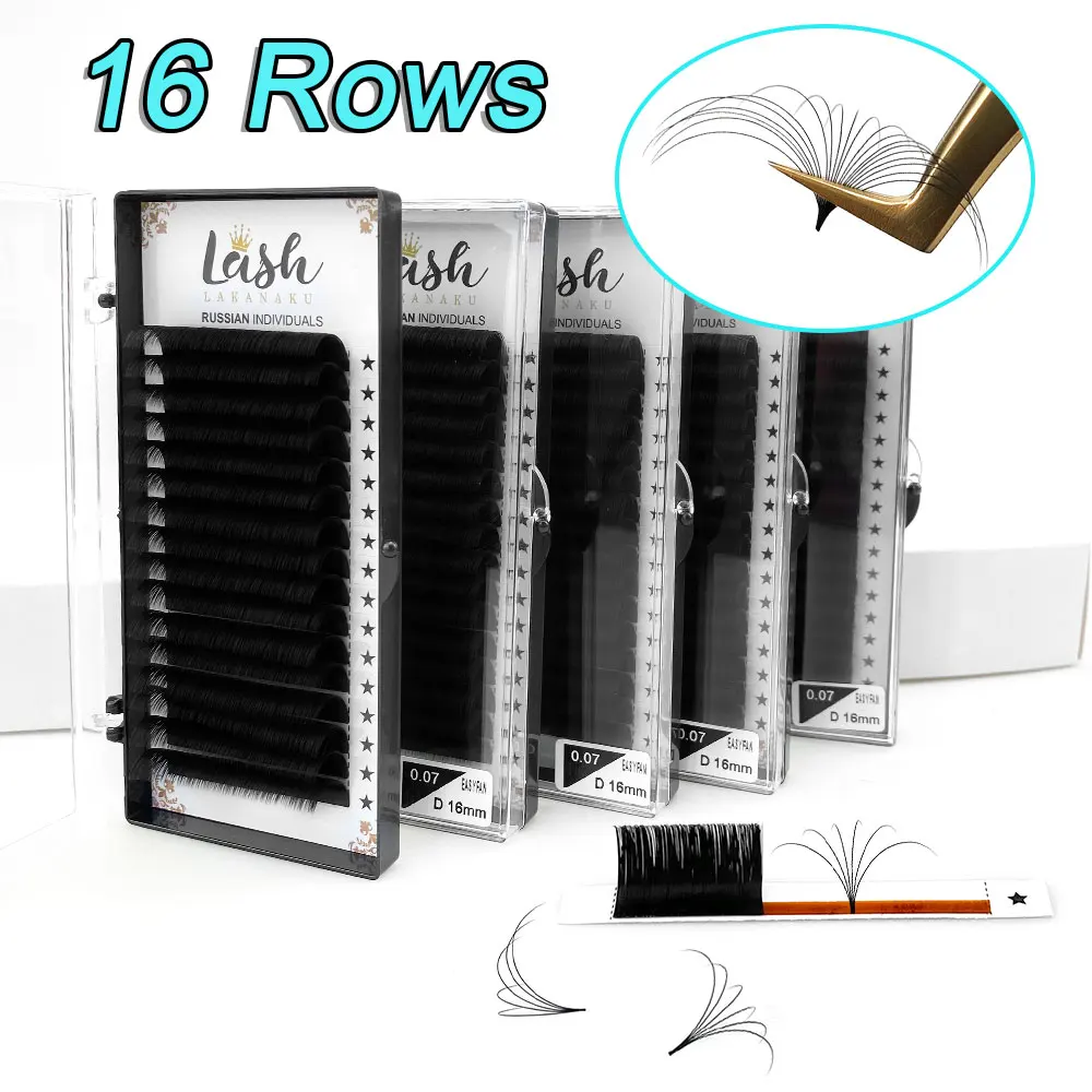 

LAKANAKU 16 Row Easy Fan Eyelash Extension Russia Volume Fast Fanning Self Blooming Fans 8~18 MM Individual Auto Fans Lashes