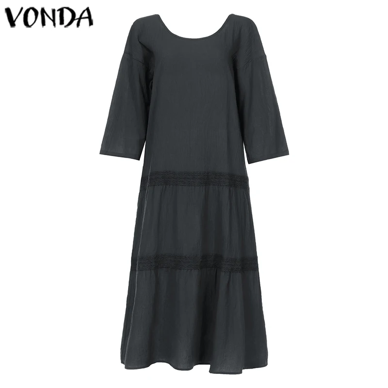 VONDA женское платье с коротким рукавом и круглым вырезом, однотонная хлопковая рубашка, свободное платье с оборками, длинное платье макси, большие размеры, вечерние платья