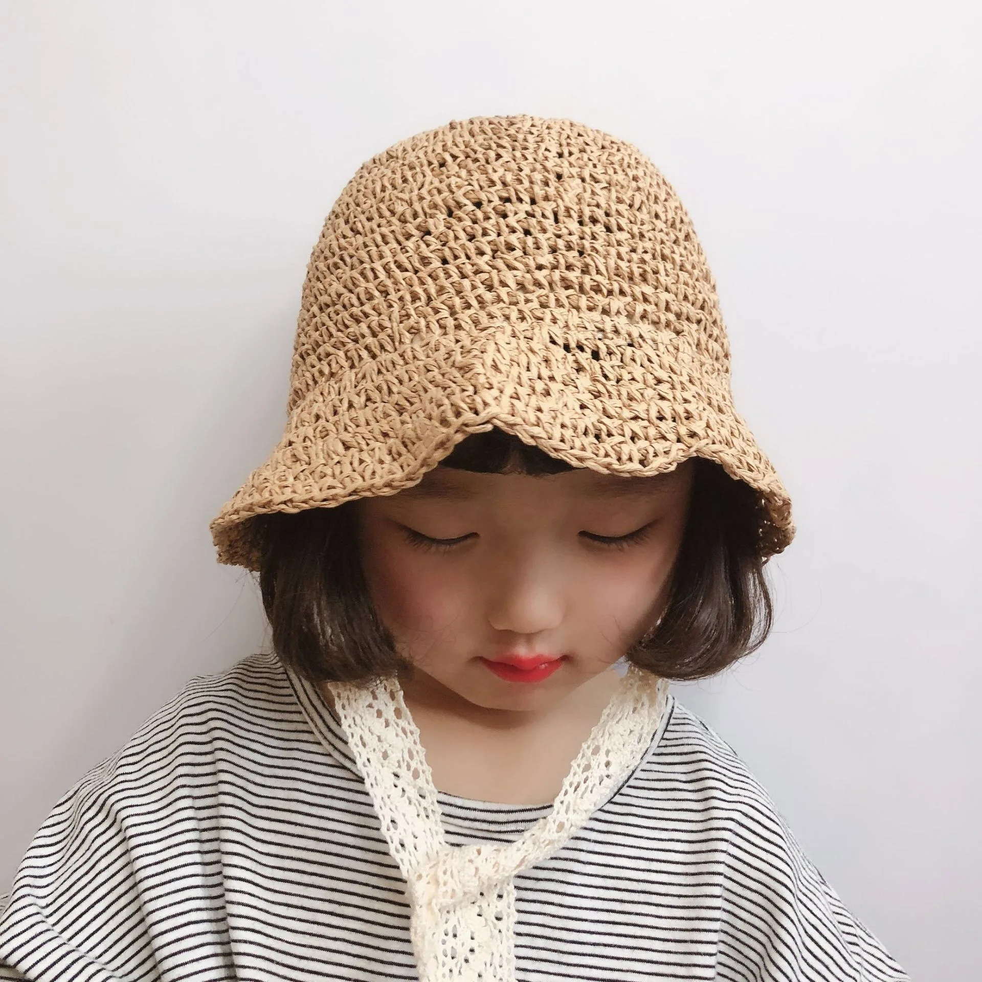 Sunshade Handmade Fisherman Caps Summer Spring Baby Girl Straw Hat Lace Windproof Cord Beach Sun Wide Brim Cute Floppy |