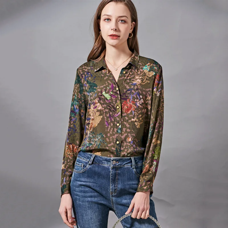 Women's Blouses and Tops Silk green Floral Printed Office Formal Casual Shirts Plus Large Size Spring Summer Sexy Haut Femme