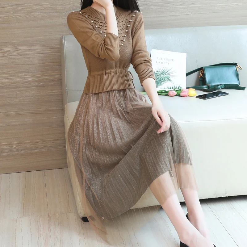 

New Arrival 2020 Autumn Winter Women Slim Base Dress High Quality Beading Mesh Patchwork Hem Elegant Knitted Sweater Dress