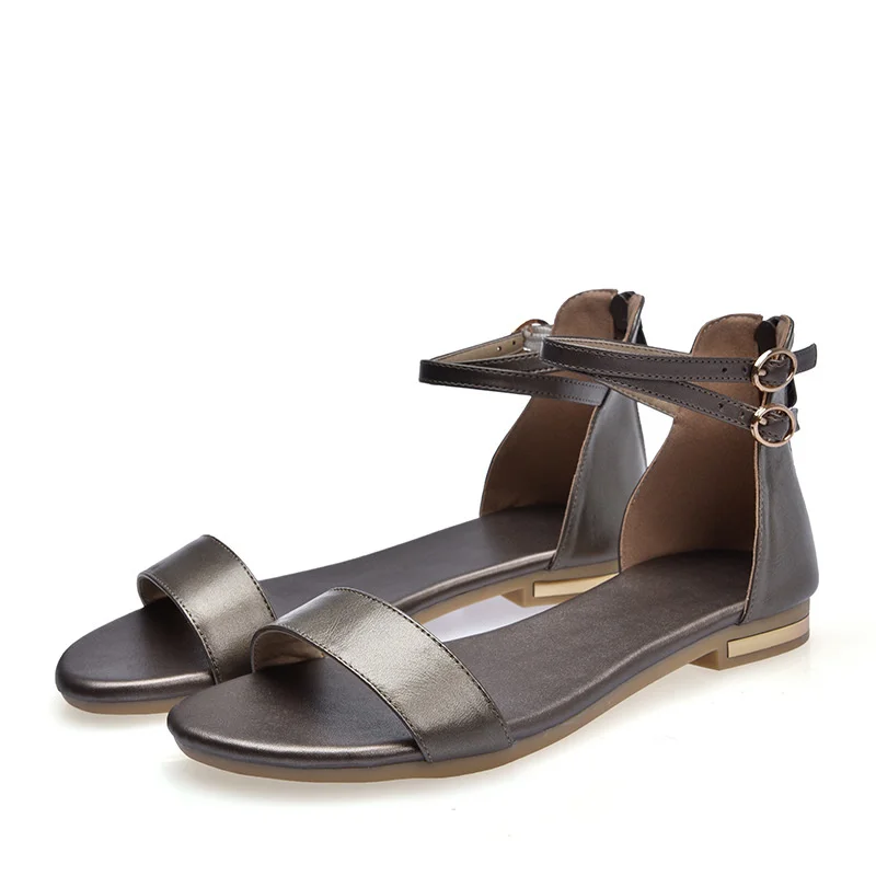 

Simple trip strap bag heel open toe straight sandal cattle leather shoes flat heel casual shoes Roman shoes