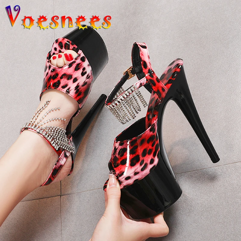 

Leopard Print Fringed Women Shoes Modern Sandals 2022 New High Heels Thin Female Heels Platform Pole Dance Shoes larger Size 43