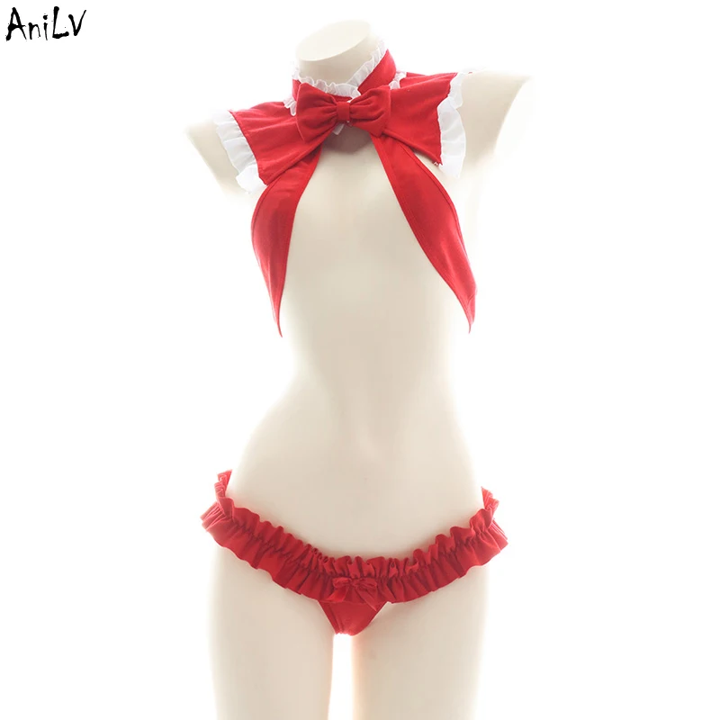 Женский красный купальник-бикини с кисточками и бантом