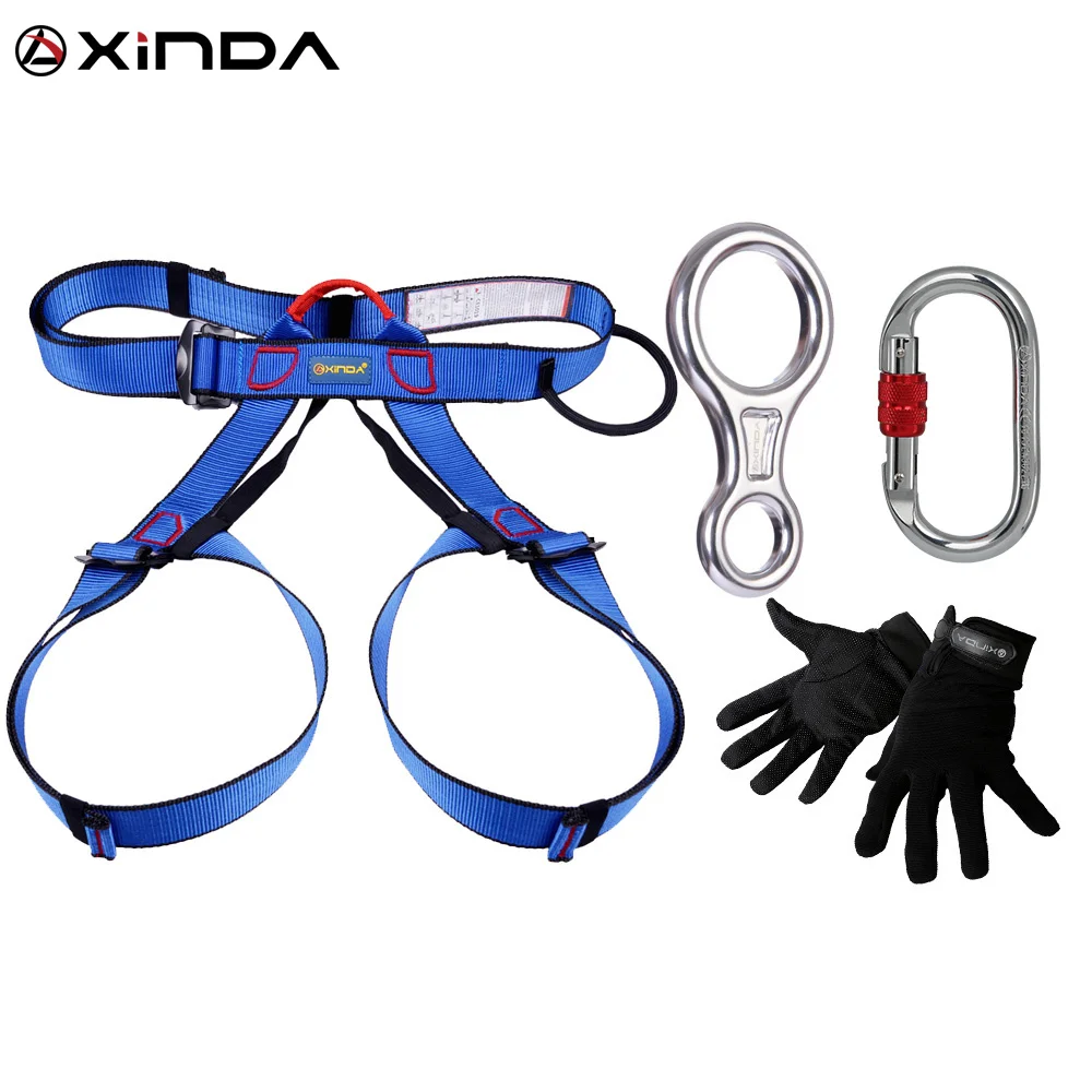 

XINDA Professional Outdoor Equipment Rock Climbing Rappelling Rescue Escape Kits 4 Pieces Descender Carabiner Safety Belt Gloves