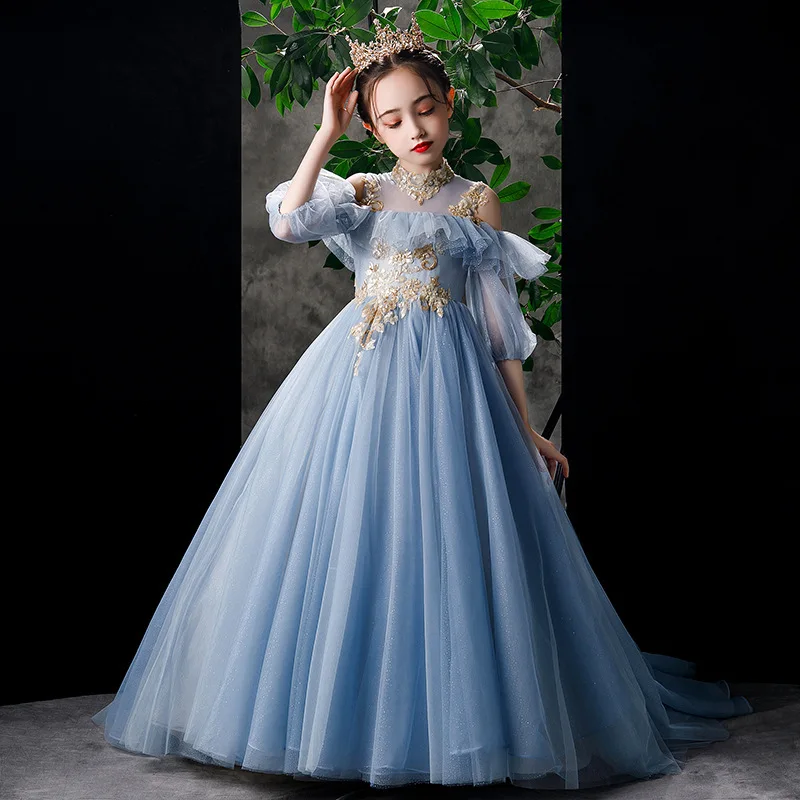 2023 Kids Party Dresses for Girls Children Blue Appliques Tulle Long Mermaid Ball Gowns Baby Girls Elegant Vestidos for Pageant