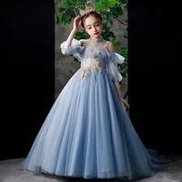 2022 Kids Party Dresses for Girls Children Blue Appliques Tulle Long Mermaid Ball Gowns Baby Girls Elegant Vestidos for Pageant