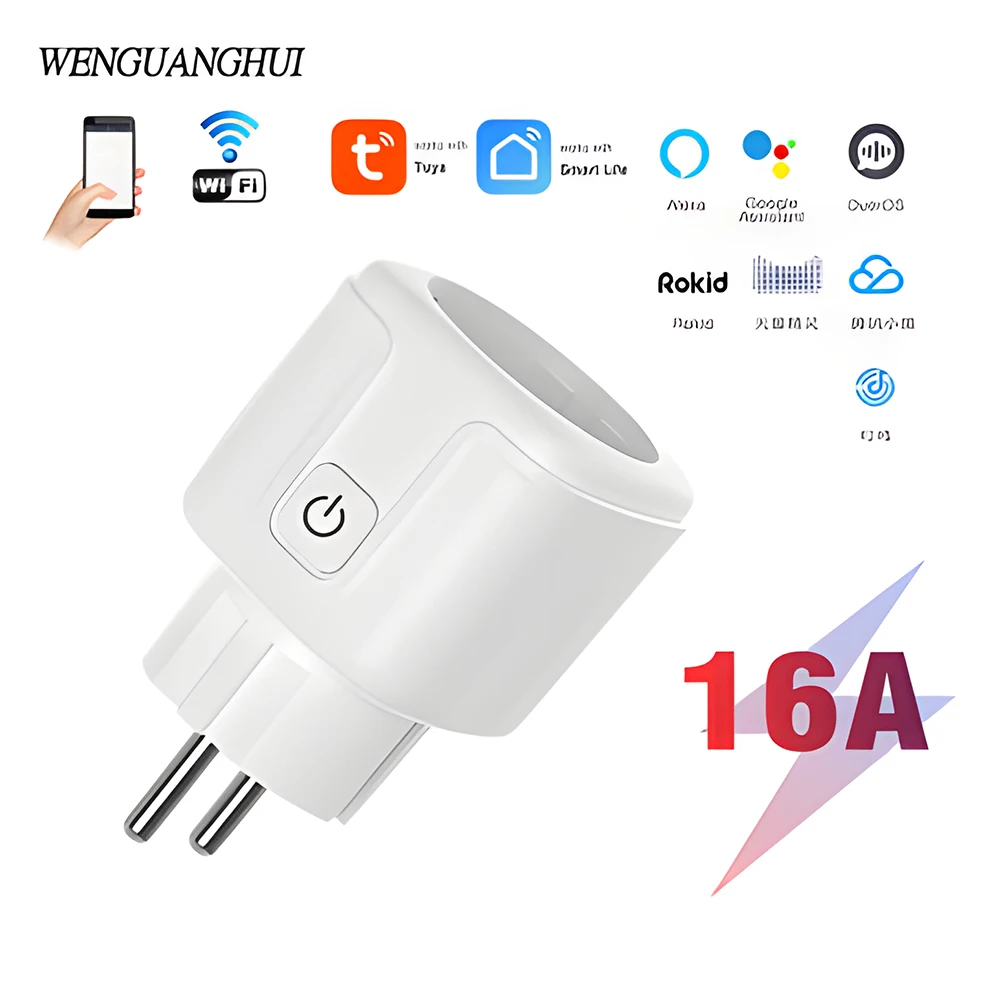 

16A WiFi Smart Plug Socket Home Automation EU Plug Compatible with Alexa Google Tuya Smart Life APP Control Power Strip Plug