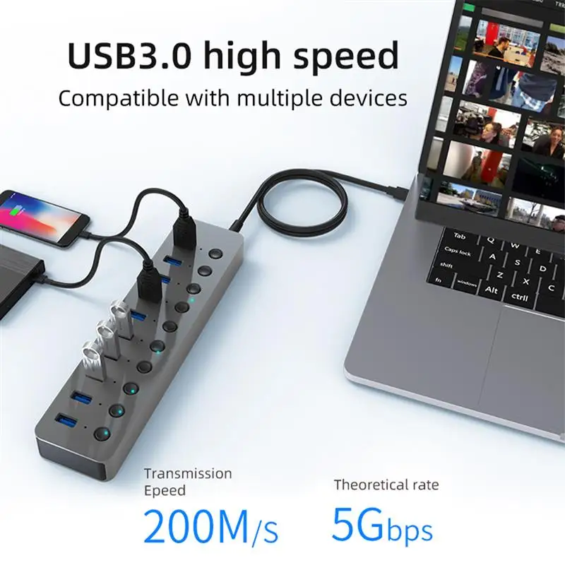 

USB Hub 3.0 USB Aluminum Alloy 7/10 Port High Speed Transmission Splitter Independent Switch Adapter for Pc Accessories