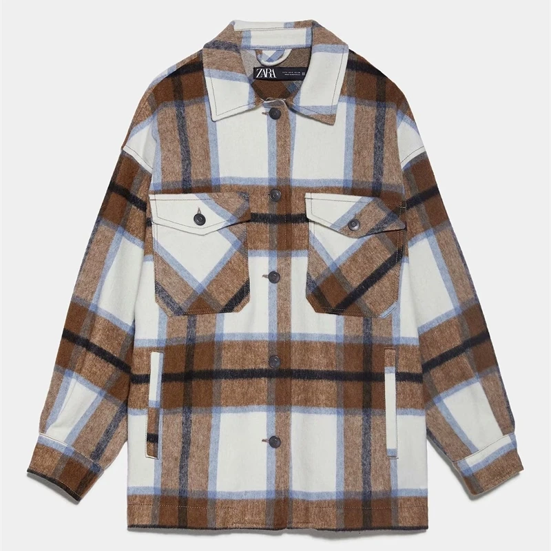

Autumn Women 2020 Plaid Wool Blouse Gothic Checked Oversized Woolen Shirt Thick Ladies Vintage Chic Top Blusas