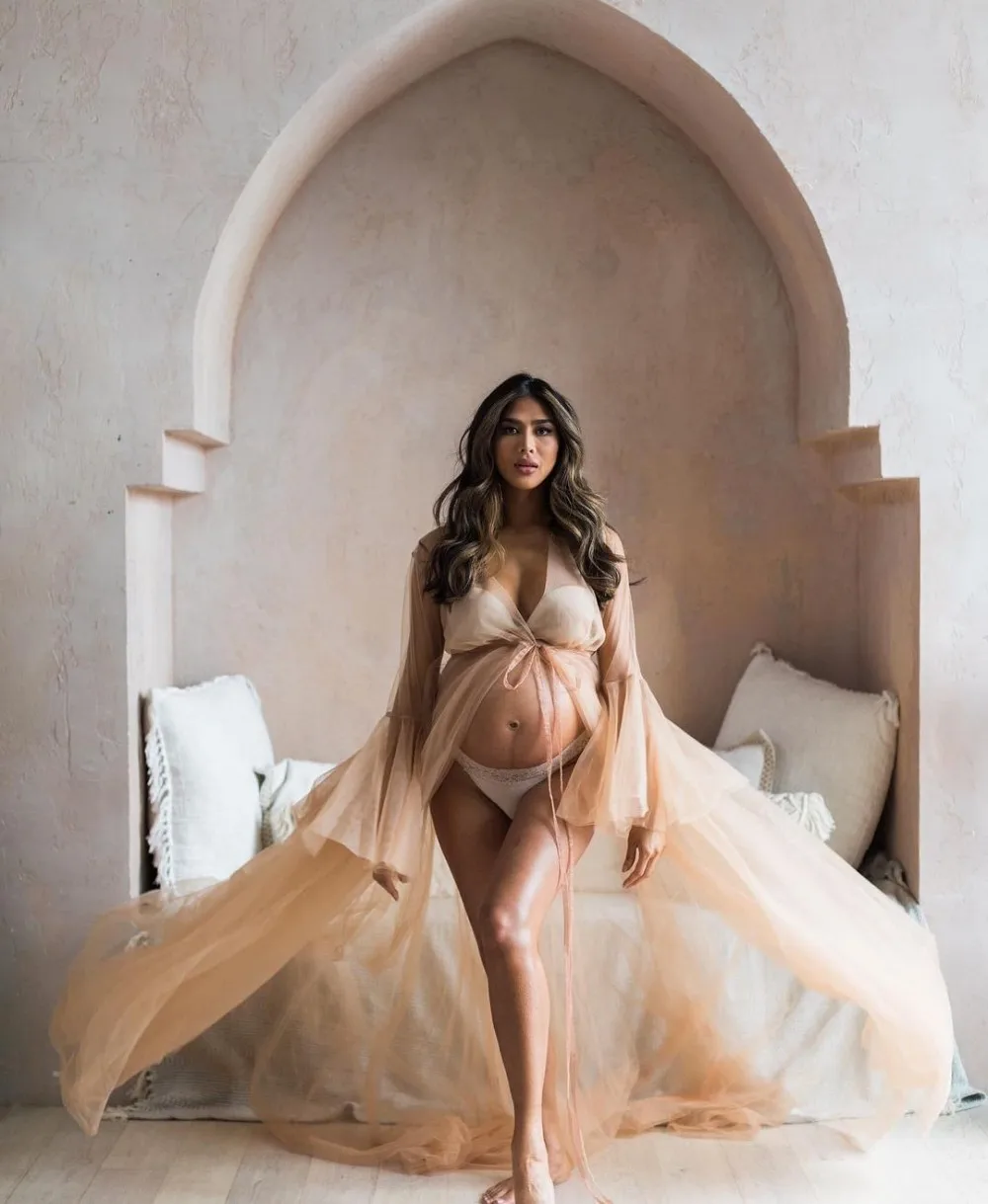 Прозрачное Тюлевое платье цвета шампанского для беременных с длинными рукавами