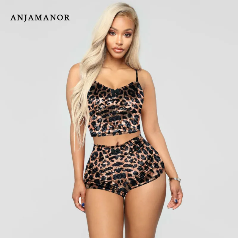 

ANJAMANOR Leopord Print Velvet Sexy 2 Two Piece Bodycon Short Sets Women Bra and Panty Loungewear Summer Woman Clothing D43-CG18