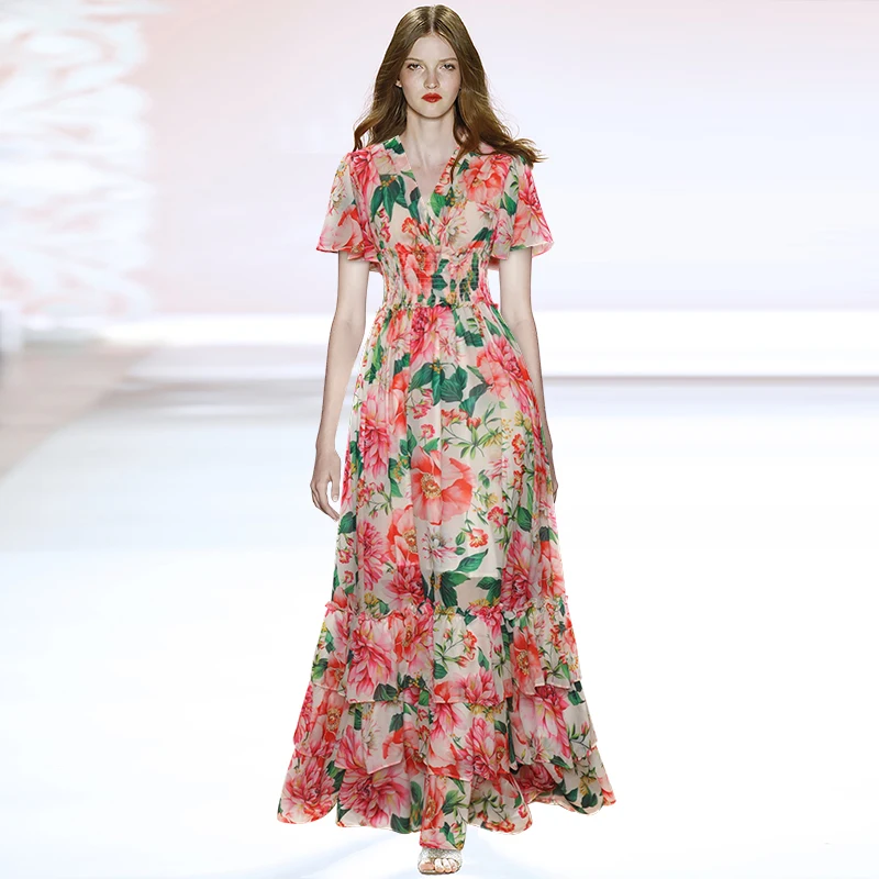

V-neck Ruffle short sleeve stretch waist Princess print extended dress dress dress summer 2020 NEW