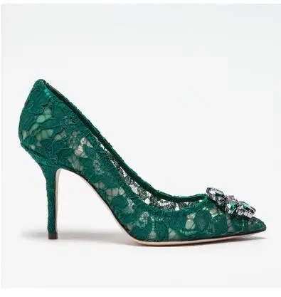 7 Green 9cm heel Пикантные кружевные свадебные туфли женские туфли-лодочки с вырезами, с острым носком, украшенные кристаллами вечерние туфли на высоком каблуке, без шнуровки, из сетчатого материала Каблук 6,5 см, 9 см - Цвет: 7 Green 9cm heel